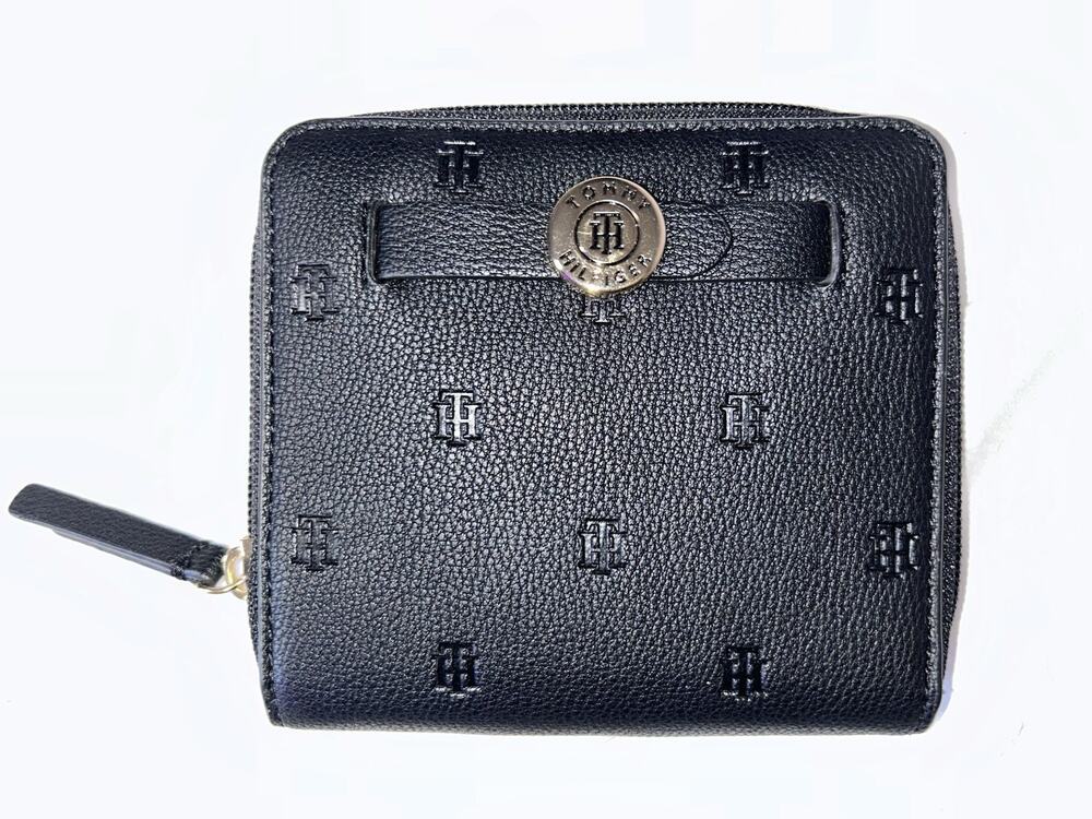 Tommy Hilfiger monogram embossed zip wallet with a gold-tone logo Black Leather